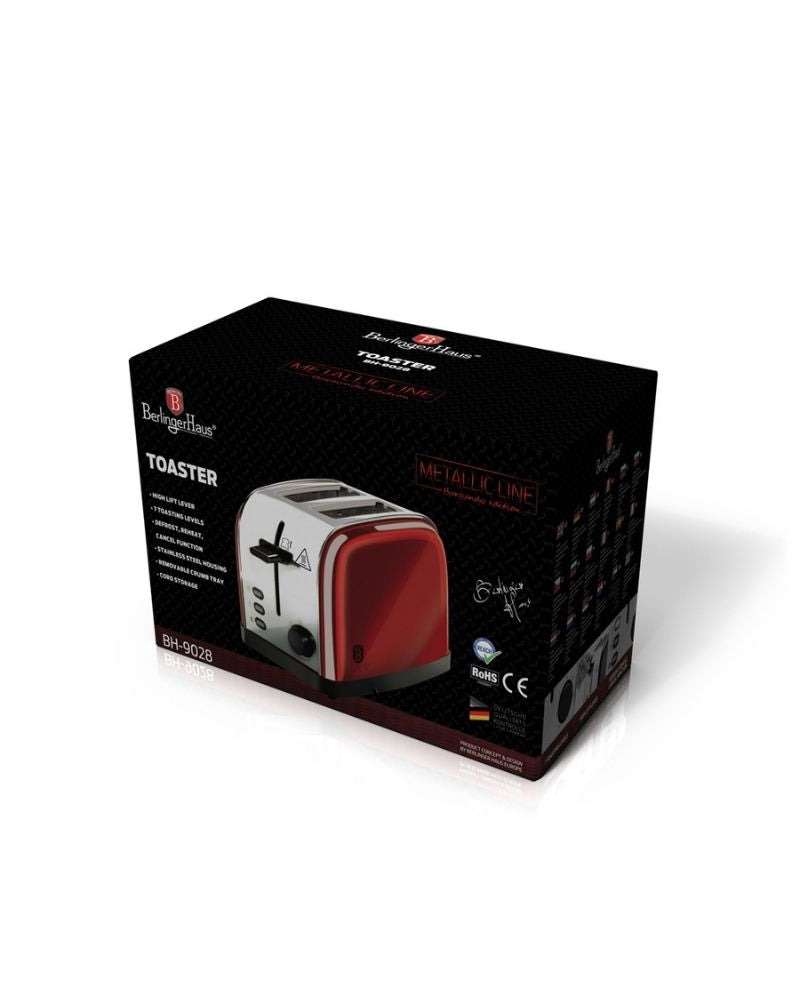 Sleek Red and Silver Metallic Toaster