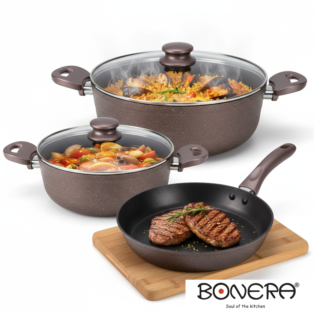 Chef's Forged Aluminium 5 pieces Set Brown
- 22cm Pot with Stainless Steel Lid
- 26cm Shallow Pot with Stainless Steel Lid
- 26cm Frypan