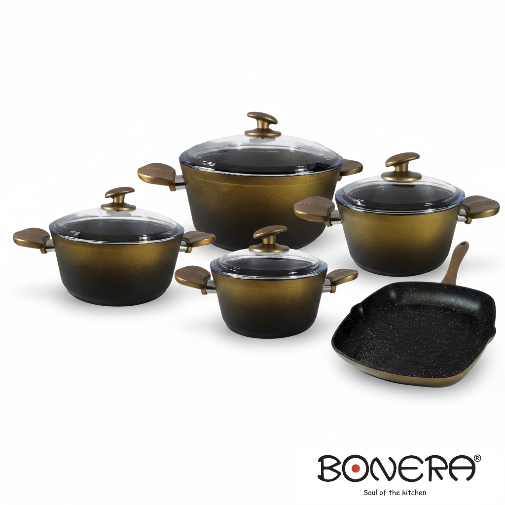 Bonera Ideal Griller 9 Pcs Set Gold
18-20-24-28 cm Pot
28x28 cm Grill Pan