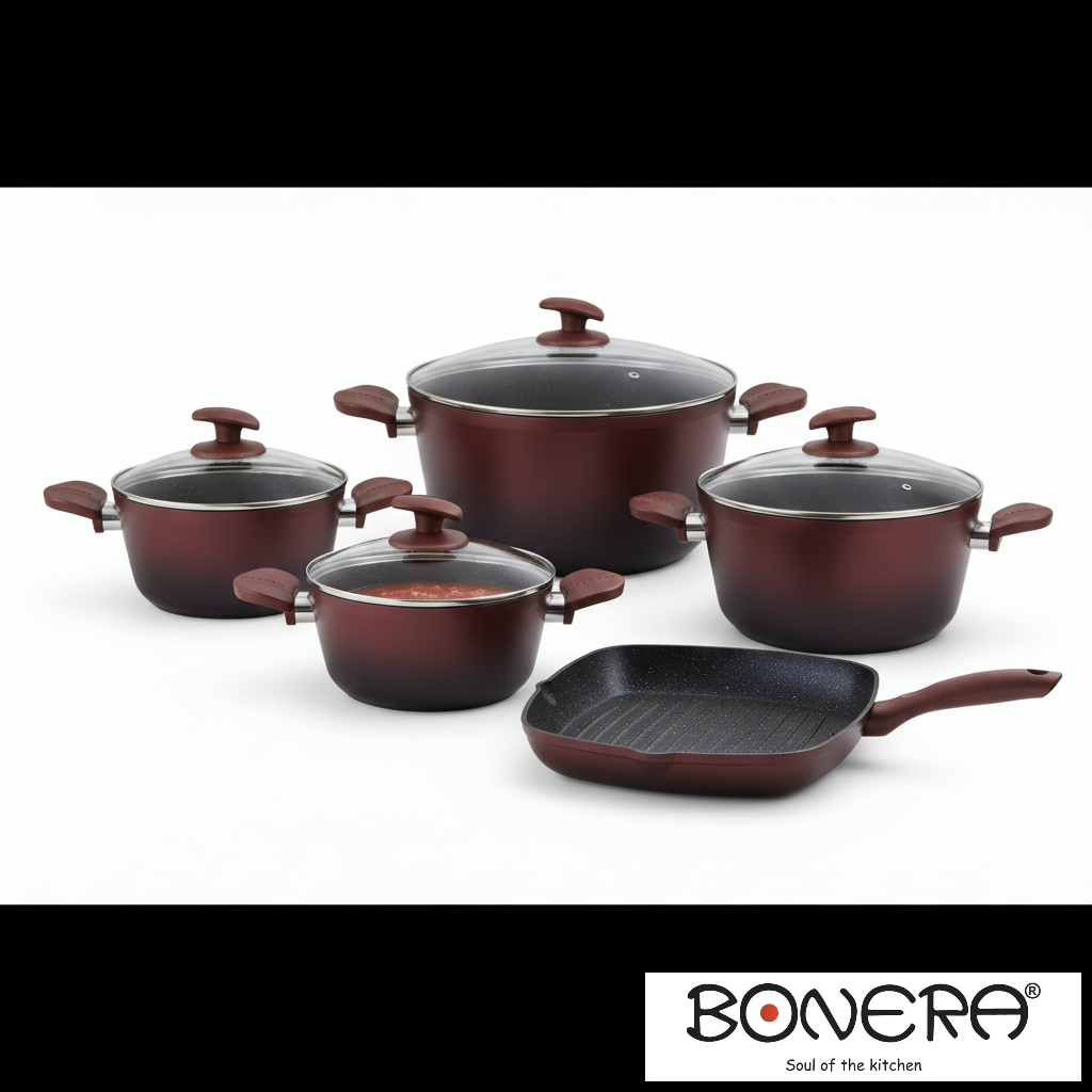 Bonera Ideal Griller 9 Pcs Set Red
18-20-24-28 cm Pot
28x28 cm Grill Pan