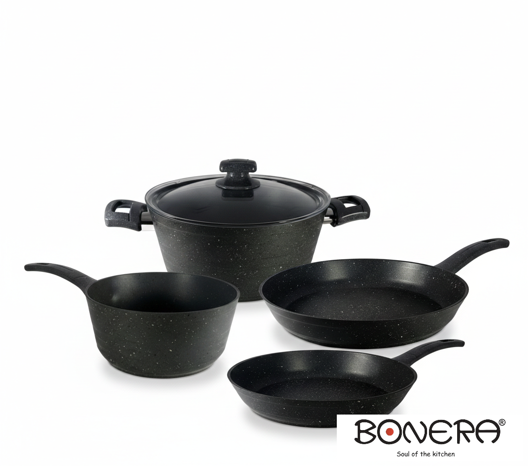 Zenith Set: Forged Aluminium 5pieces Granite Set 3mm:
16cm Casserole
24cm Pot with Lid
20 and 24cm Frypan