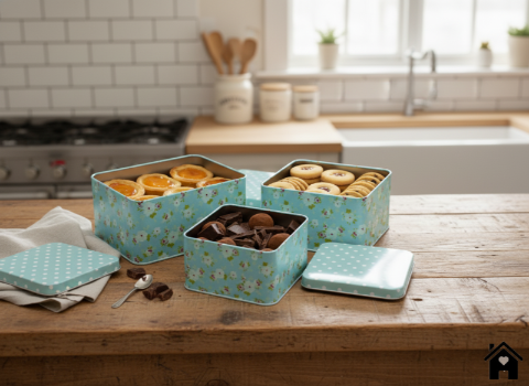 Square Vintage Floral Tin Box – Blue Decorative Metal Storage Container