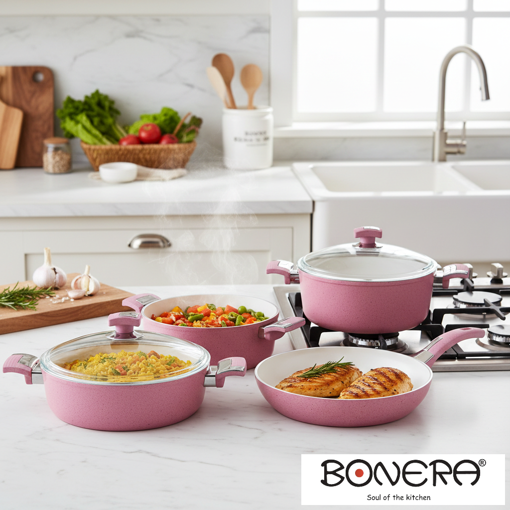 Bonera 7pieces Forged Aluminium Ceramic Set Pink  
20cm and 26cm Deep Pot with Lid
28cm Shallow Pot with Lid
26cm Frypan