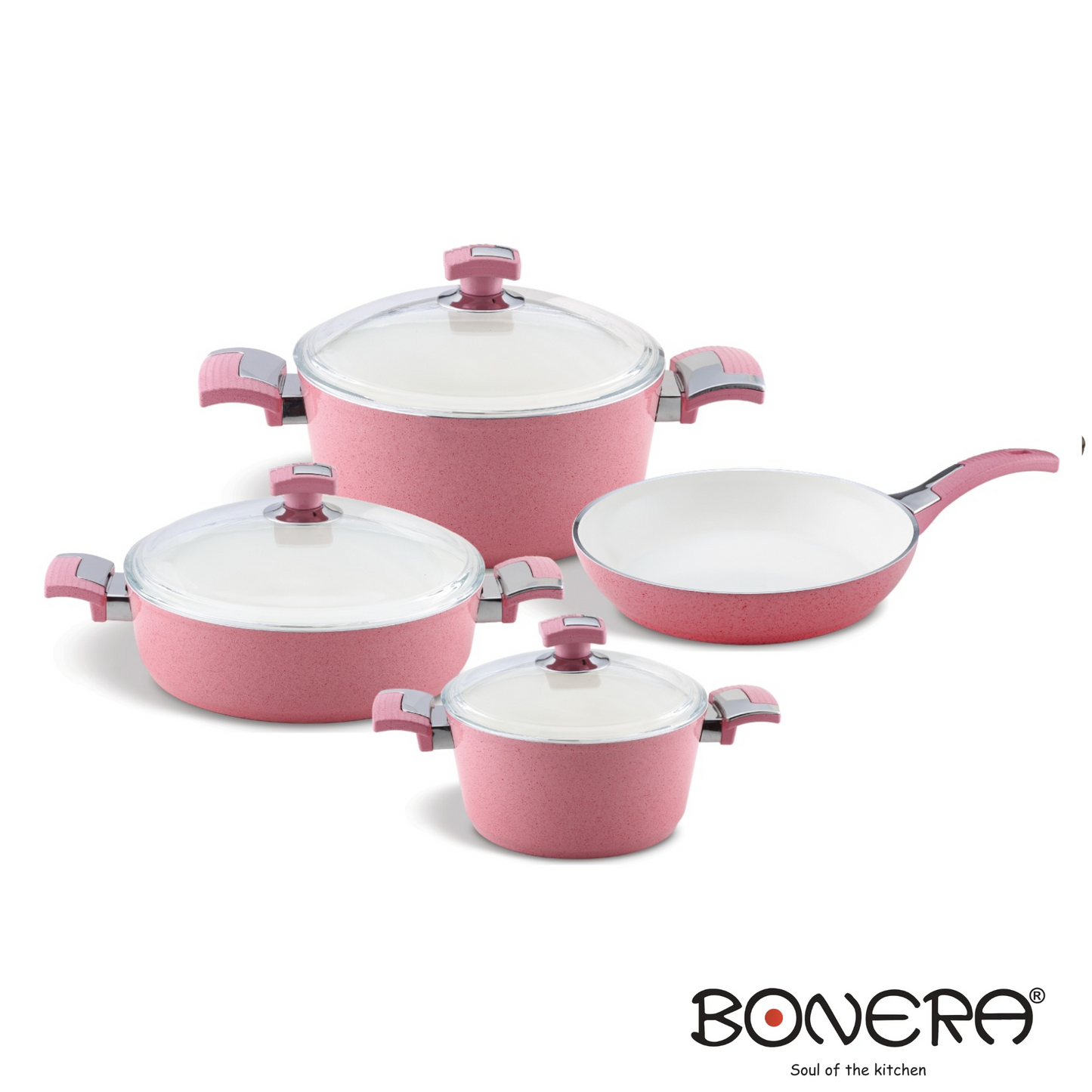 Bonera 7pieces Forged Aluminium Ceramic Set Pink  
20cm and 26cm Deep Pot with Lid
28cm Shallow Pot with Lid
26cm Frypan