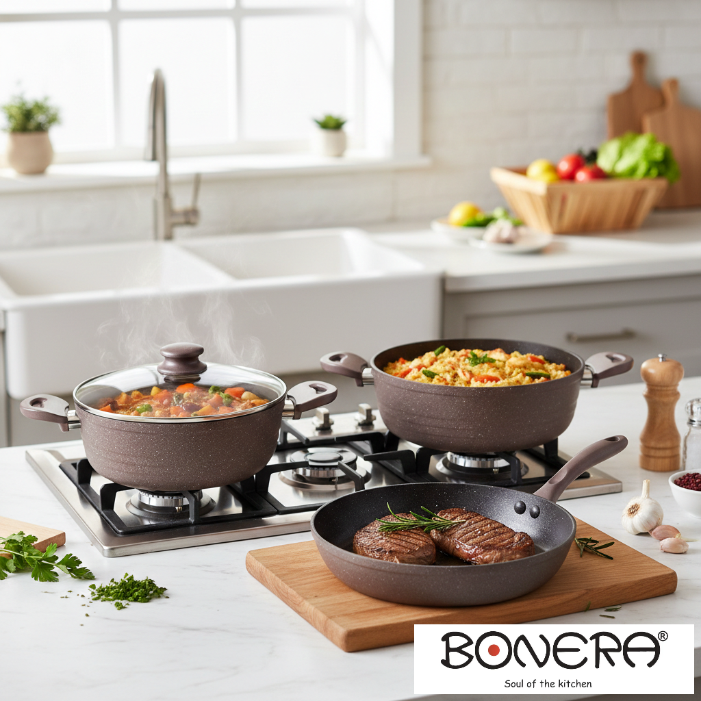 Chef's Forged Aluminium 5 pieces Set Brown
- 22cm Pot with Stainless Steel Lid
- 26cm Shallow Pot with Stainless Steel Lid
- 26cm Frypan