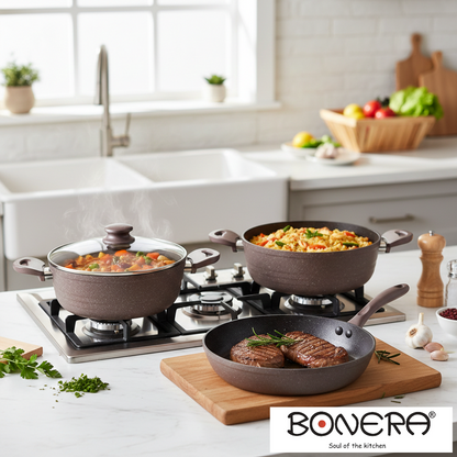 Chef's Forged Aluminium 5 pieces Set Brown
- 22cm Pot with Stainless Steel Lid
- 26cm Shallow Pot with Stainless Steel Lid
- 26cm Frypan