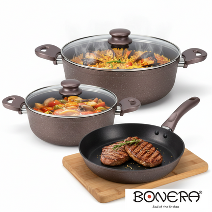 Chef's Forged Aluminium 5 pieces Set Brown
- 22cm Pot with Stainless Steel Lid
- 26cm Shallow Pot with Stainless Steel Lid
- 26cm Frypan