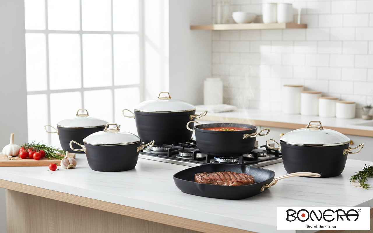 Bonera Diamond Griller Non Stick 9PC Set Black, 4mm Forged Aluminium with Giftbox (18-20-24-28cm Pot, 28x28cm Grill Pan)