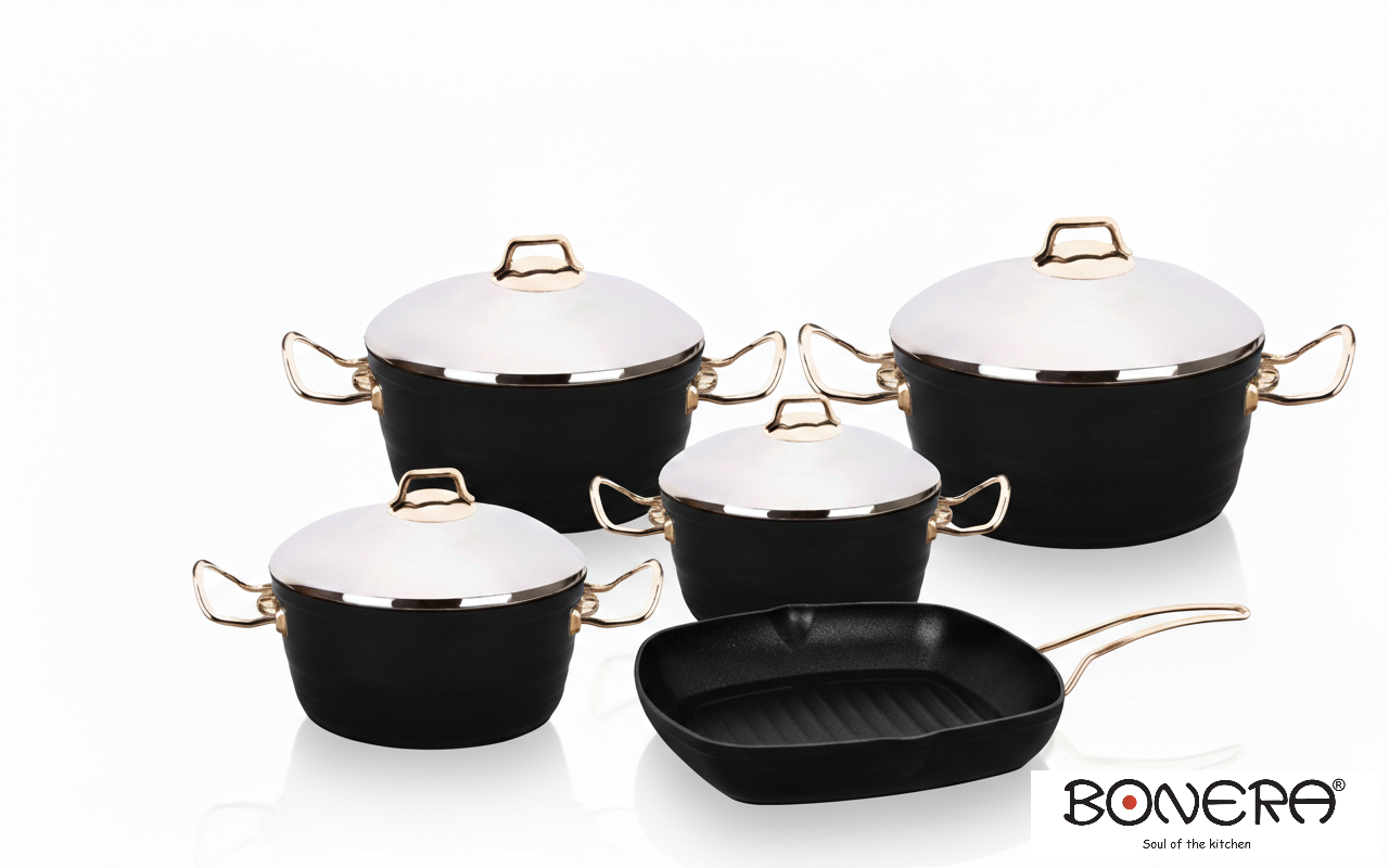 Bonera Diamond Griller Non Stick 9PC Set Black, 4mm Forged Aluminium with Giftbox (18-20-24-28cm Pot, 28x28cm Grill Pan)