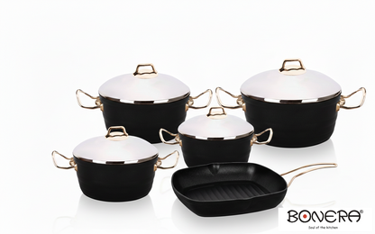 Bonera Diamond Griller Non Stick 9PC Set Black, 4mm Forged Aluminium with Giftbox (18-20-24-28cm Pot, 28x28cm Grill Pan)