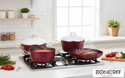 Bonera Diamond Griller Non Stick 9PC Set Red, 4mm Forged Aluminium with Giftbox (18-20-24-28cm Pot, 28x28cm Grill Pan)