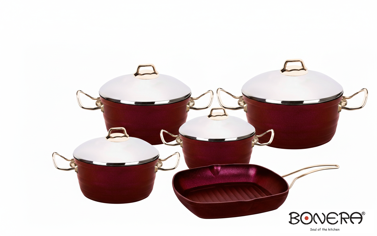 Bonera Diamond Griller Non Stick 9PC Set Red, 4mm Forged Aluminium with Giftbox (18-20-24-28cm Pot, 28x28cm Grill Pan)