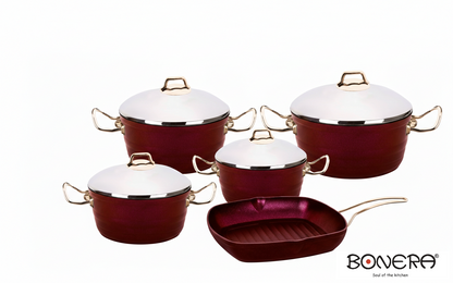 Bonera Diamond Griller Non Stick 9PC Set Red, 4mm Forged Aluminium with Giftbox (18-20-24-28cm Pot, 28x28cm Grill Pan)