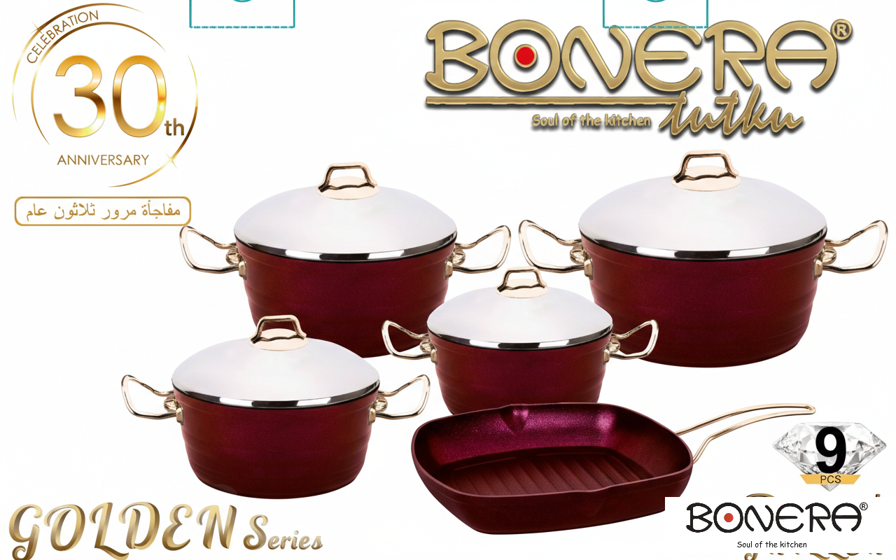 Bonera Diamond Griller Non Stick 9PC Set Red, 4mm Forged Aluminium with Giftbox (18-20-24-28cm Pot, 28x28cm Grill Pan)