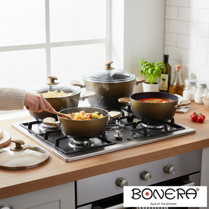 Bonera Ideal Griller 9 Pcs Set Gold
18-20-24-28 cm Pot
28x28 cm Grill Pan