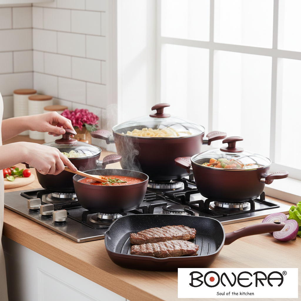 Bonera Ideal Griller 9 Pcs Set Red
18-20-24-28 cm Pot
28x28 cm Grill Pan