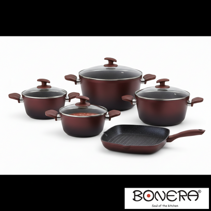 Bonera Ideal Griller 9 Pcs Set Red
18-20-24-28 cm Pot
28x28 cm Grill Pan