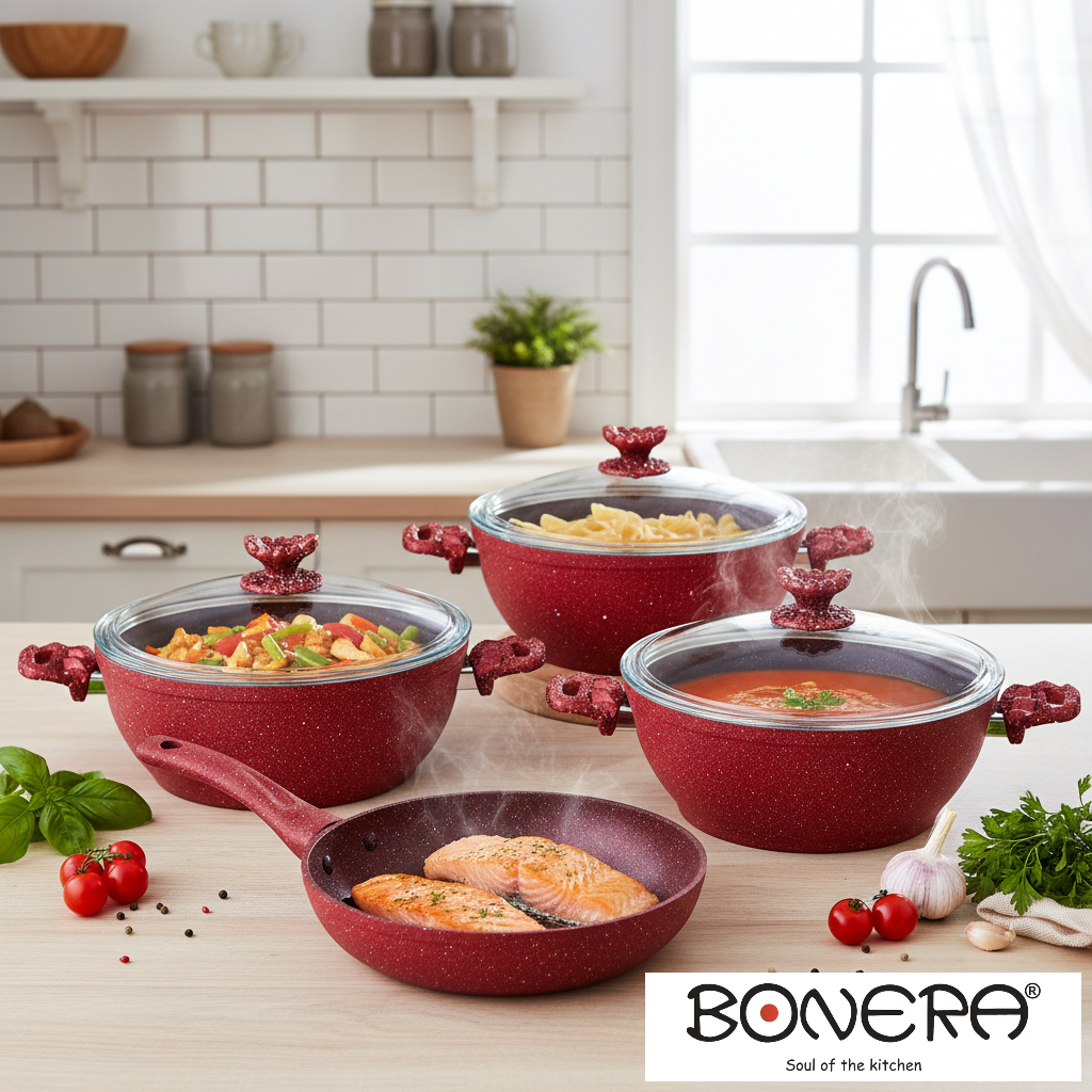 Bonera 7pieces Forged Aluminium Granite Set Red:
20cm and 26cm Deep Pot with Lid
28cm Shallow Pot with Lid
26cm Frypan