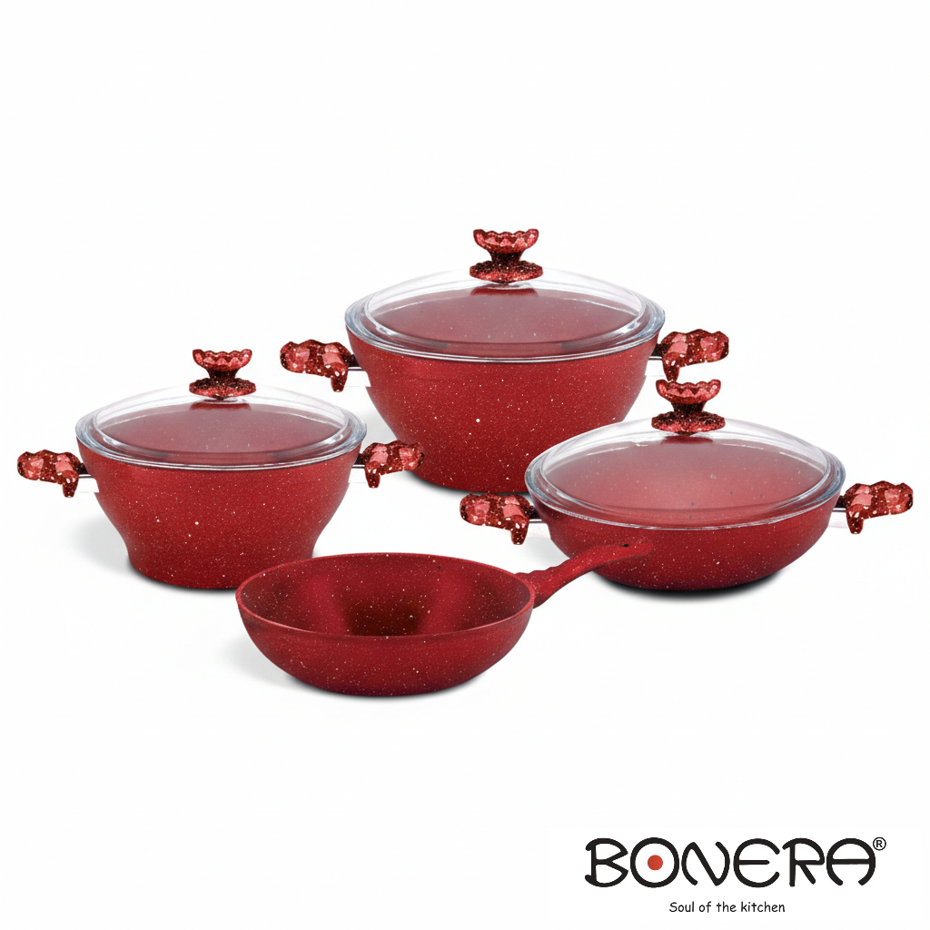 Bonera 7pieces Forged Aluminium Granite Set Red:
20cm and 26cm Deep Pot with Lid
28cm Shallow Pot with Lid
26cm Frypan