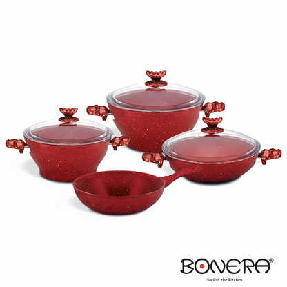 Bonera 7pieces Forged Aluminium Granite Set Red:
20cm and 26cm Deep Pot with Lid
28cm Shallow Pot with Lid
26cm Frypan