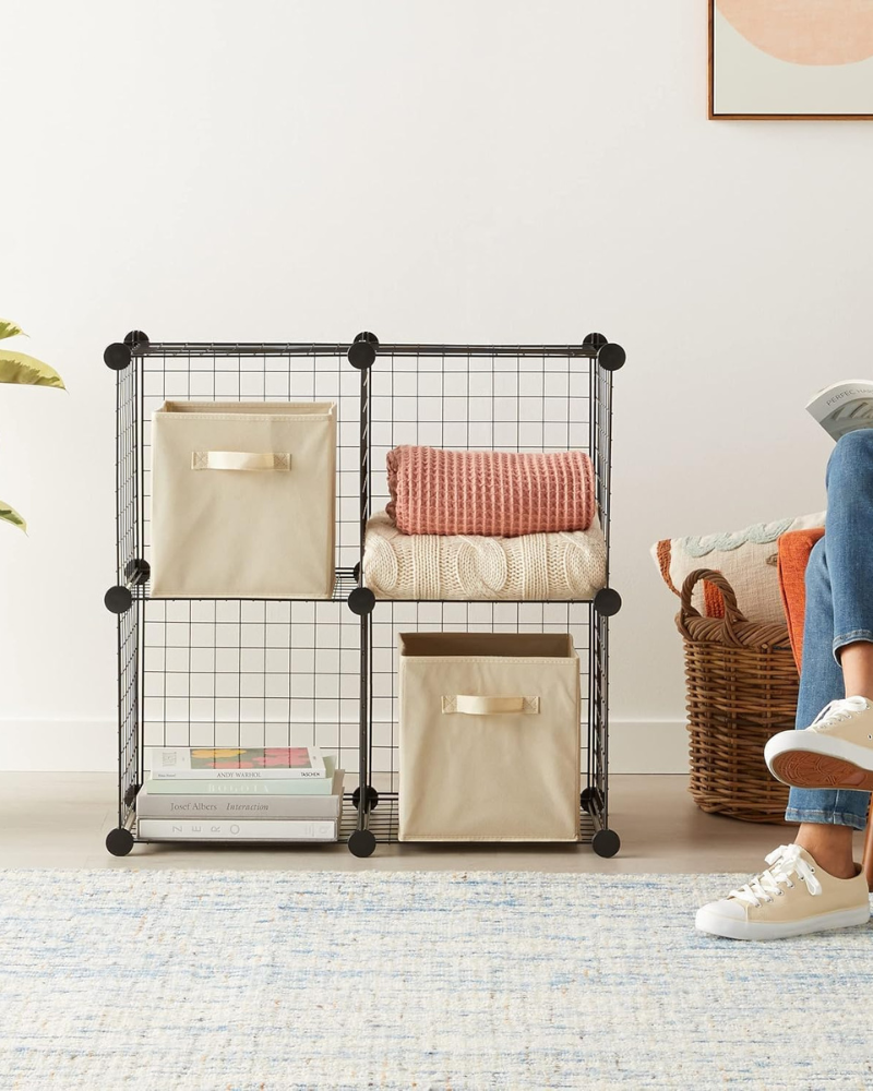 4 Cube Storage Organizer - Wire Grid Closet and Shelves, Stackable, Black 14"x14"x14"
