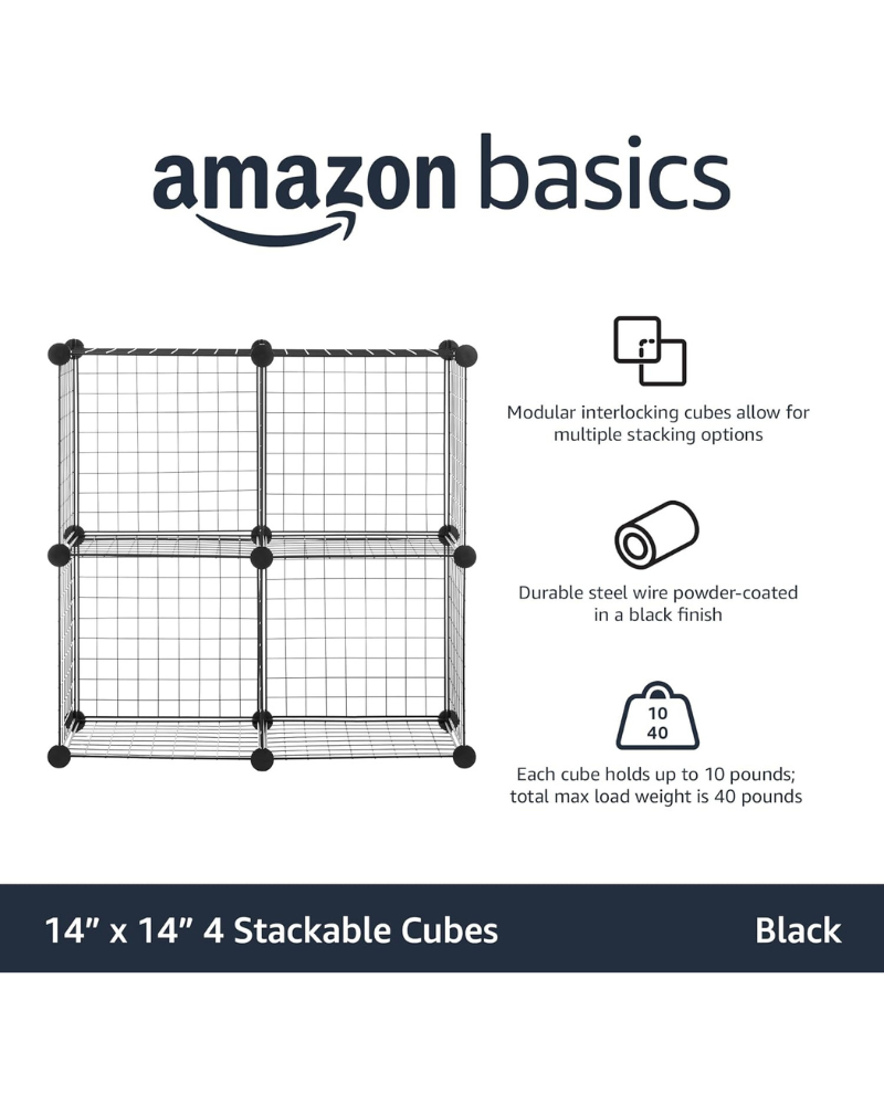 4 Cube Storage Organizer - Wire Grid Closet and Shelves, Stackable, Black 14"x14"x14"