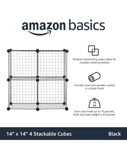 4 Cube Storage Organizer - Wire Grid Closet and Shelves, Stackable, Black 14"x14"x14"