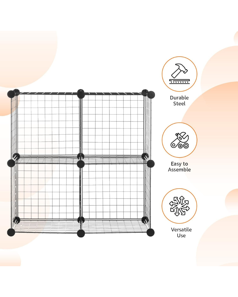 4 Cube Storage Organizer - Wire Grid Closet and Shelves, Stackable, Black 14"x14"x14"