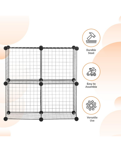4 Cube Storage Organizer - Wire Grid Closet and Shelves, Stackable, Black 14"x14"x14"