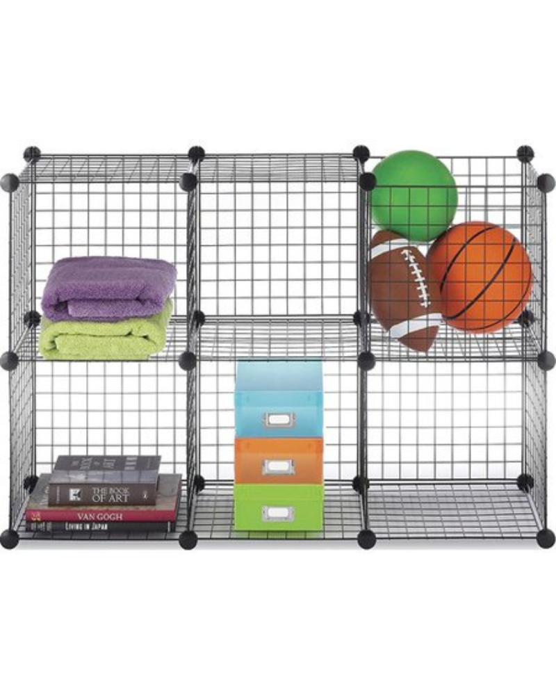 6 Cube Storage Organizer - Wire Grid Closet and Shelves, Stackable, Black 14"x14"x14"