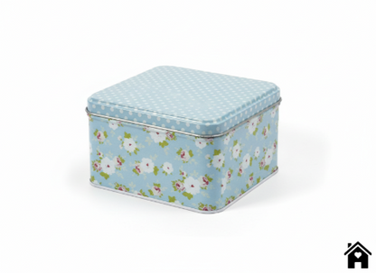 Square Vintage Floral Tin Box – Blue Decorative Metal Storage Container