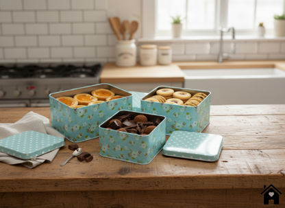 Square Vintage Floral Tin Box – Blue Decorative Metal Storage Container