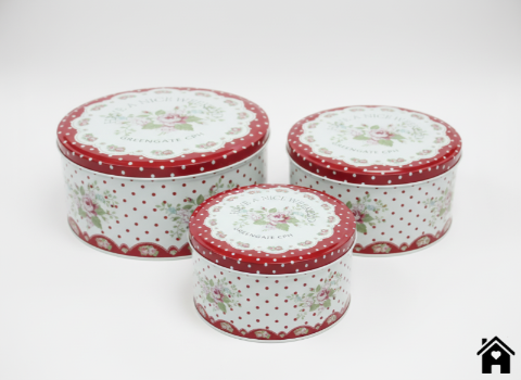 Vintage Red Floral Round Tin Storage Box Set – Decorative Polka Dot Metal Containers (Set of 3)