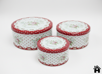 Vintage Red Floral Round Tin Storage Box Set – Decorative Polka Dot Metal Containers (Set of 3)
