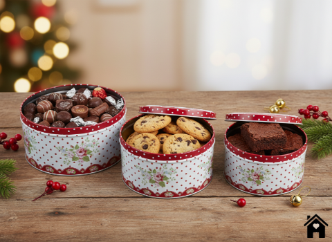 Vintage Red Floral Round Tin Storage Box Set – Decorative Polka Dot Metal Containers (Set of 3)