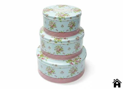 Vintage Blue Floral Round Tin Box Set – Decorative Polka Dot Metal Storage Containers (Set of 3)