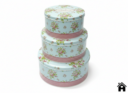 Vintage Blue Floral Round Tin Box Set – Decorative Polka Dot Metal Storage Containers (Set of 3)