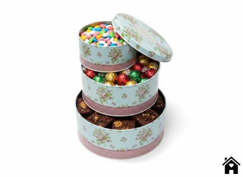 Vintage Blue Floral Round Tin Box Set – Decorative Polka Dot Metal Storage Containers (Set of 3)