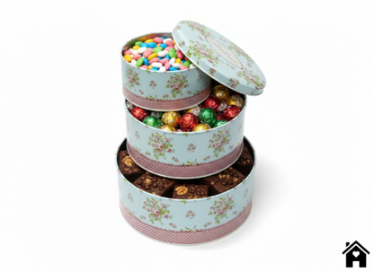 Vintage Blue Floral Round Tin Box Set – Decorative Polka Dot Metal Storage Containers (Set of 3)
