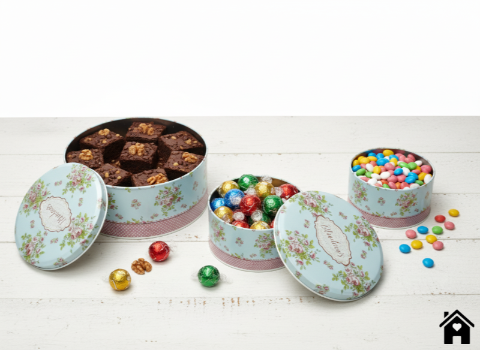 Vintage Blue Floral Round Tin Box Set – Decorative Polka Dot Metal Storage Containers (Set of 3)