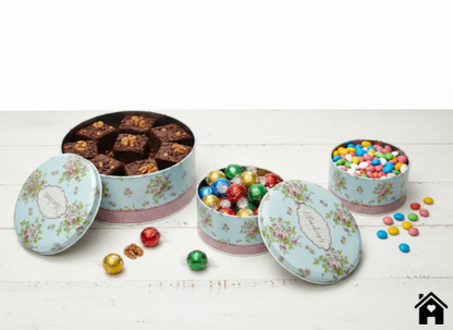 Vintage Blue Floral Round Tin Box Set – Decorative Polka Dot Metal Storage Containers (Set of 3)
