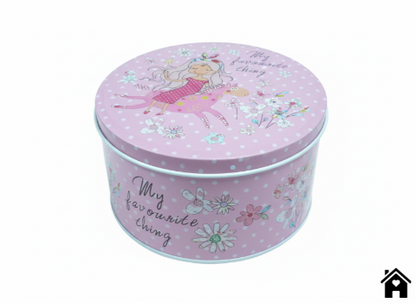 Charming Pink Round Tin with Girl and Horse Design